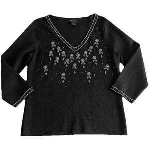 Grace Elements Black Silk Blend Sweater Sz M | Beaded Floral Embroidered Evening